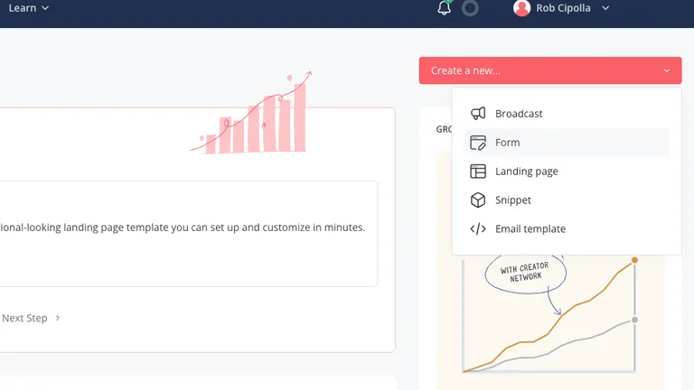 Screenshot of the convertkit dashboard demonstrating where to find the create a new form button